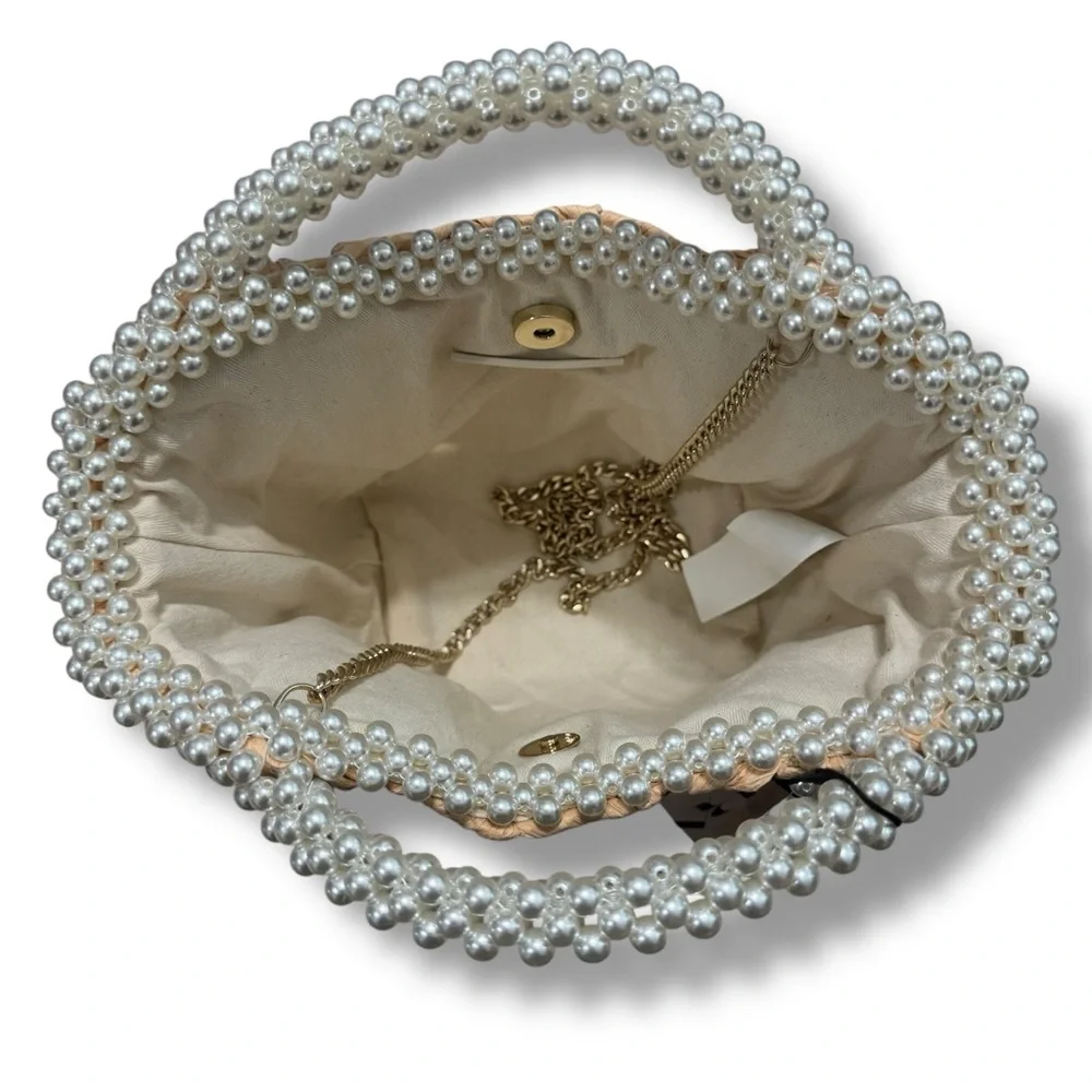 Zara Pearl Straw Rattan Handbag Crossbody Convertible Bag with Gold Chain - Picture 6 of 7